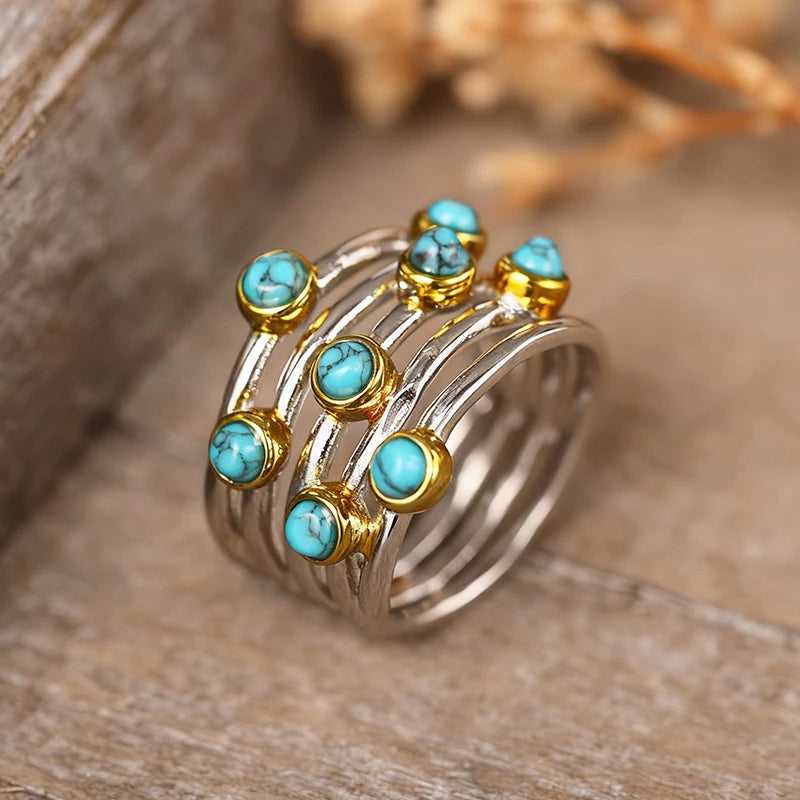 Huitan Vintage Bohemian Imitation Turquoise Ring for Women Fashion Ring Vue