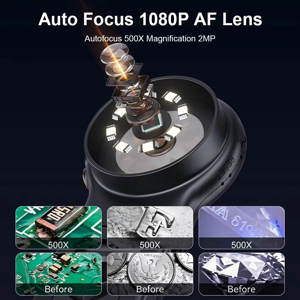 Autofocus 500X Digital Microscope with 8leds 2MP Coin Video Microscopes Foldable Magnifying Glass 2Inch for Electronics Repair Vue