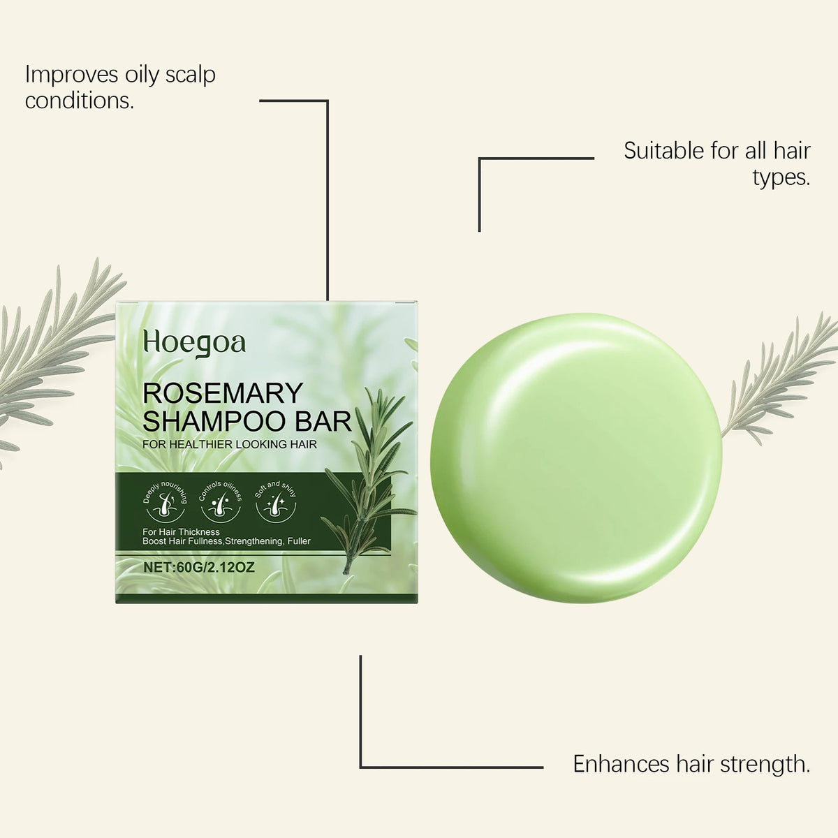 Rosemary Gentle Cleansing Shampoo Bar - Soap Bar for Smoothing, Adding Shine, Nourishing & Caring, Refreshing & Non-Greasy Vue