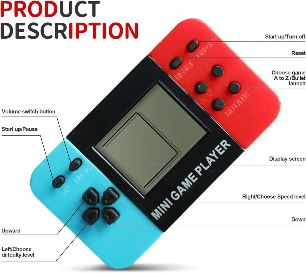 Retro Tetris Game Console Keychain Dual Color Handheld Electronic Game Player Classic Pocket Toy for Backpack Purse Key Ring Vue