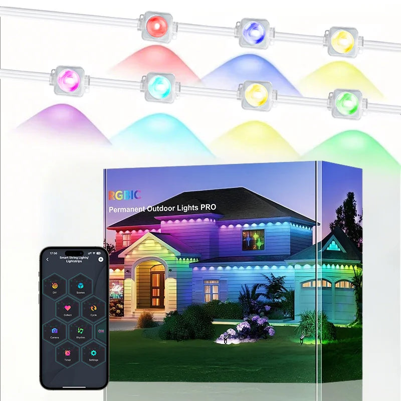 Permanent Outdoor Eaves Light Black 300FT 180LEDs Bluetooth APP DIY RGB IC Light String Suitable For Christmas Eaves Party Light Vue White 15M 30LEDs 100V-240V US Plug