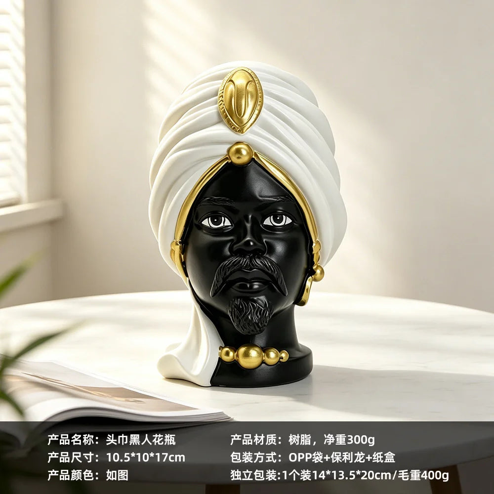 Black Gold Moorish Bust Resin Vase Luxury Home Hall TV Console Table Decor Centerpiece For Living Room Birthday Gift For Her Vue A1