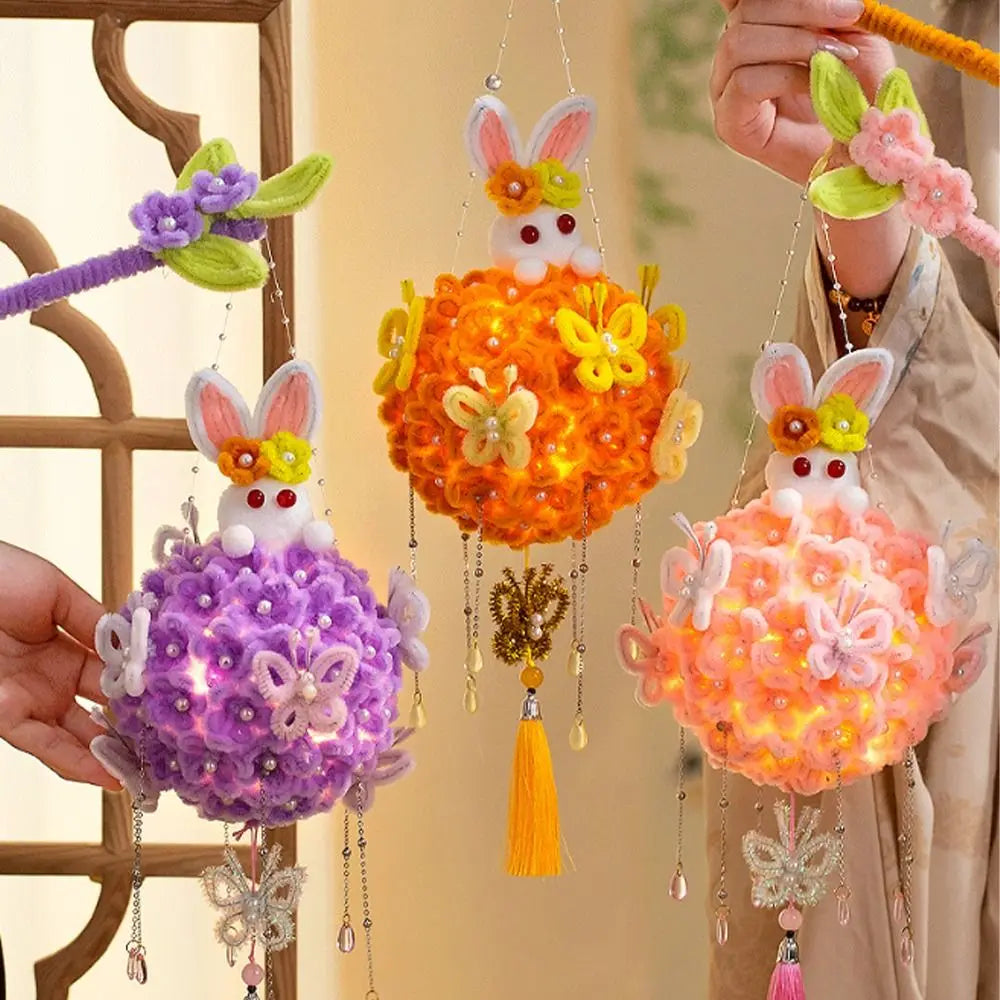 Glowing Mid-Autumn Rabbit Lantern Twisted Stick with Tassel Vintage Plush Bunny Lamp Blessing Retro Light Vue