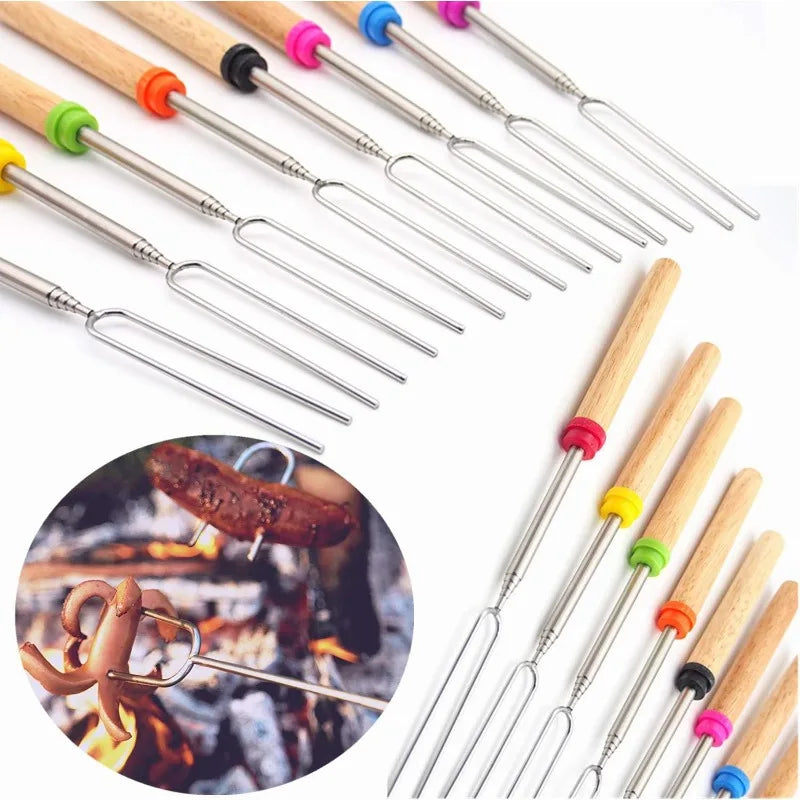 Outdoor Telescoping BBQ Fork Stainless Steel with Wooden Handle U-Shaped Hot Dog Skewer for Grilling Bonfire BBQ Use Vue