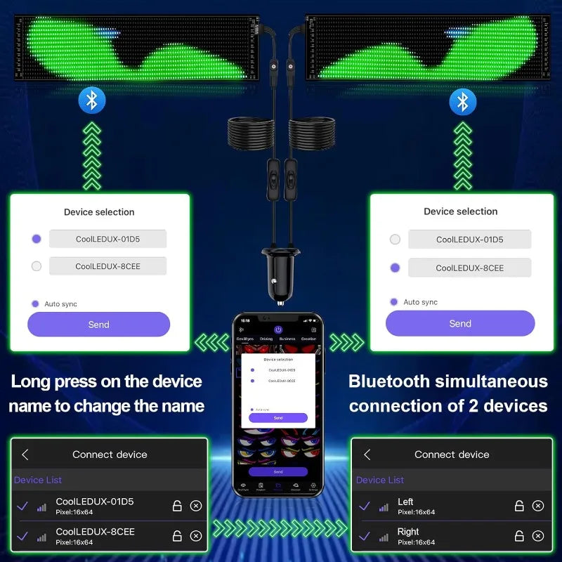 2PCS Devil Eyes Light Soft Screen Flexible Scrolling Programmable LED Signs Custom Colors Animations Text for Car SUV Windshield Vue