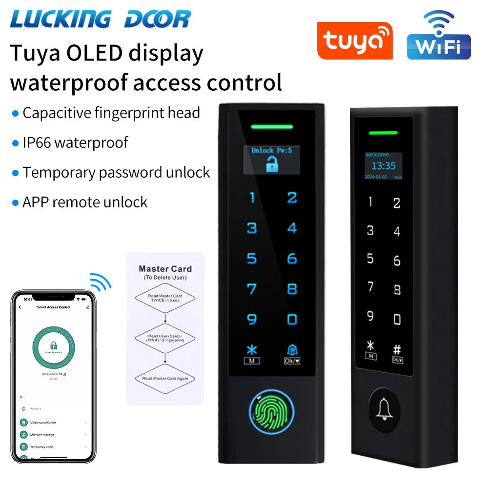 WIFI TUYA Biometric Fingerprint Access Controller Keypad OLED Screen Waterproof RFID Card Standalone Door Access Control System Vue