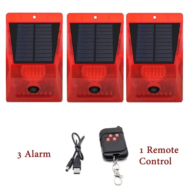 New Solar Infrared Motion Sensor Detector Waterproof 129dB Loud Remote Control Siren Security Alarm System For Home Yard Outdoor Vue 3 Alarm 1 Remote