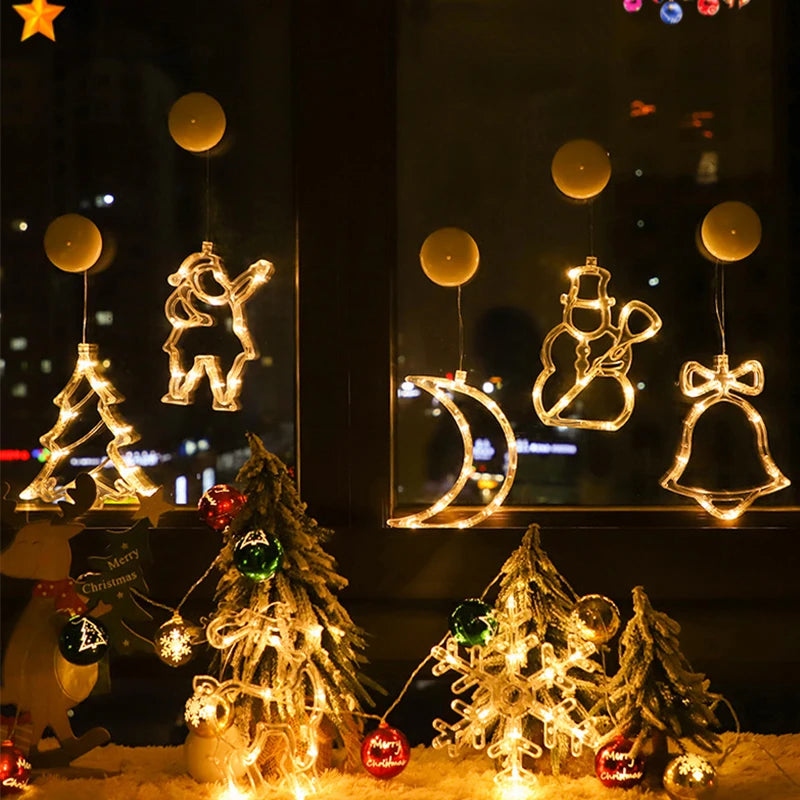 1-5PCS Snowman Christmas Tree Star Bell Lights Holiday Window Suction Cup Lamp Festive Decorative Lights Home Decor Vue