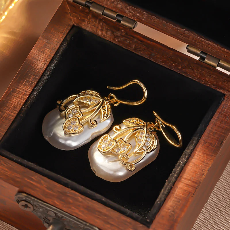 Huitan Pearl & Cubic Zirconia Gold Dangle Drop Earrings Drop Earrings Vue