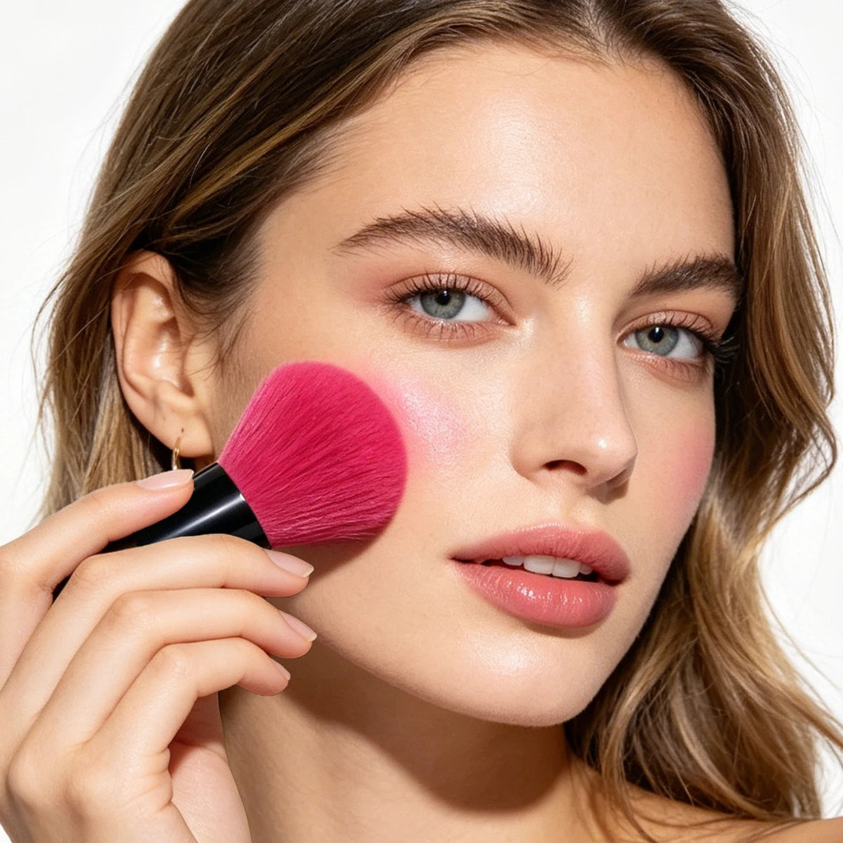 2PCS Blush Makeup Tool Set, Black Short Handle Rose Red Fluffy Blush Brush + Triangle Velour Finger makeup Puff Travel Cosmetic Vue