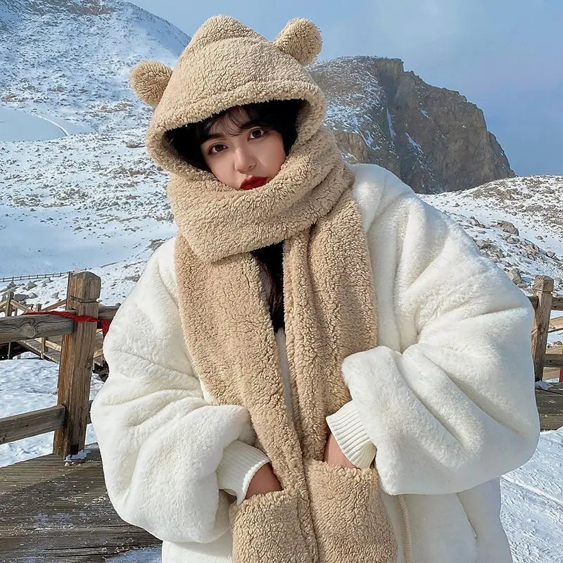 1-5PCS Cute Bear Ear Beanie Scarf Gloves 3 in 1 Fleece Lined Thick Warm Winter Hood for Women Girls Outdoor Skiing Cold Weather Vue