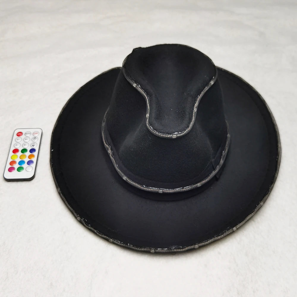 LED Cowboy Hat Luminous Flashing Western Costume Accessory for Halloween Carnival Rave Party Dance Show Adult Size Vue Black hat