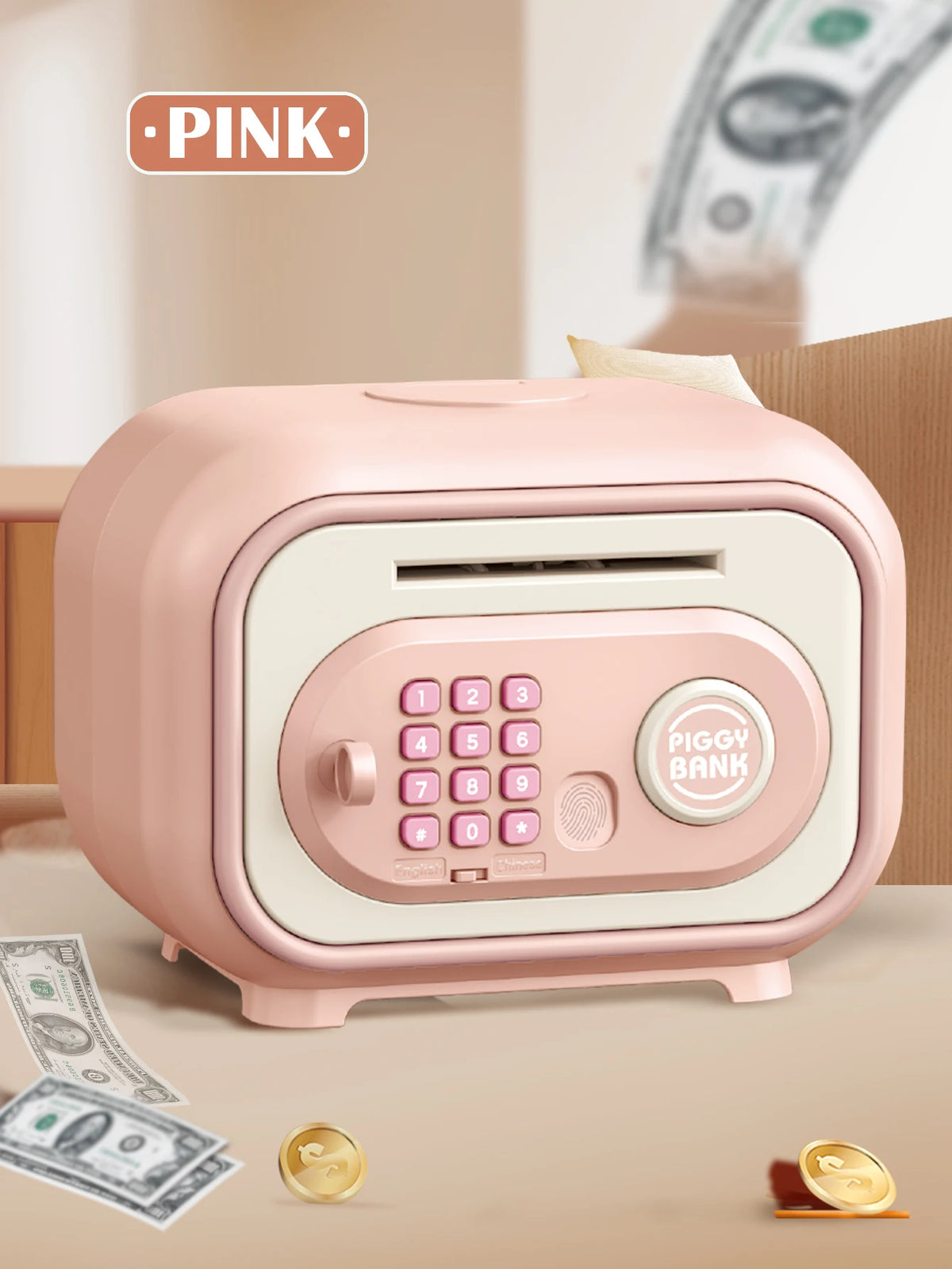 ATM Piggy Bank Toys Money Box for Kids, Large Capacity Simulate fingerprint password unlocking Gifts for boys and girls Vue Pink