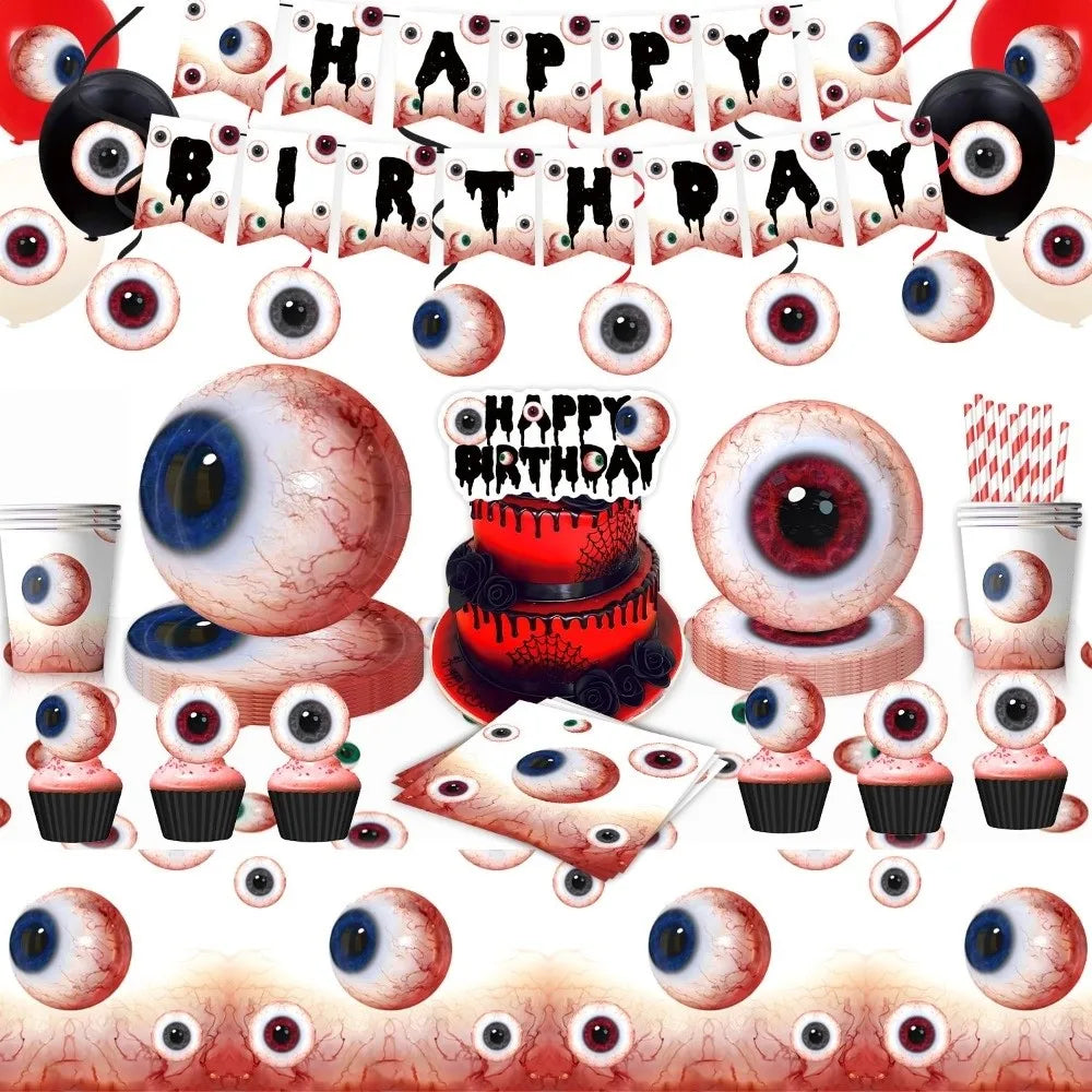 Plates Eyeballs Disposable Tableware Tablecloth Flag Banner Halloween Party Dinnerware Popcorn Box Cake Topper Vue