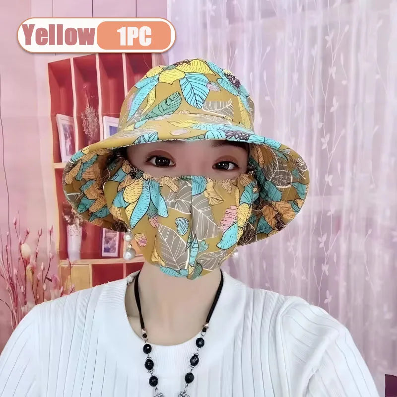 1-2PCS Women‘s Sun Hat with Face Mask Floral Leaf Pattern Wide Brim UV Protection for Outdoor Hiking Gardening Beach Vue Yellow-1PC