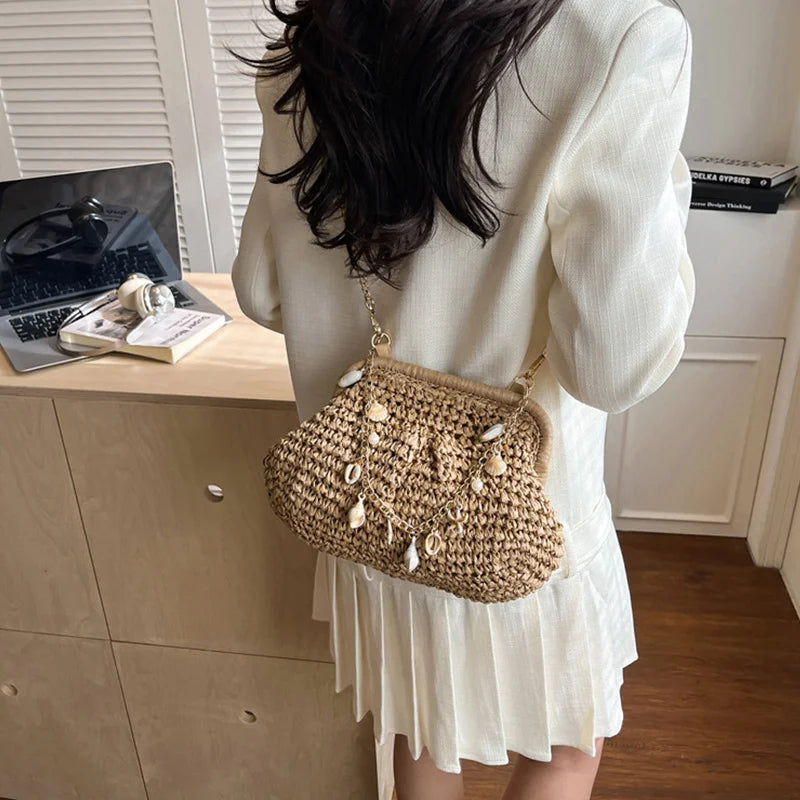 Summer Straw Weaving Crossbody Bag Fashionable Shell Women's Chain