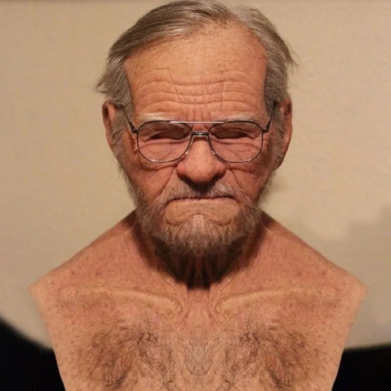 Old Man Full Head Mask With Realistic Aged Face Balding Wig Spooky Grandpa Costume For Adults Halloween Party Haunted House Vue