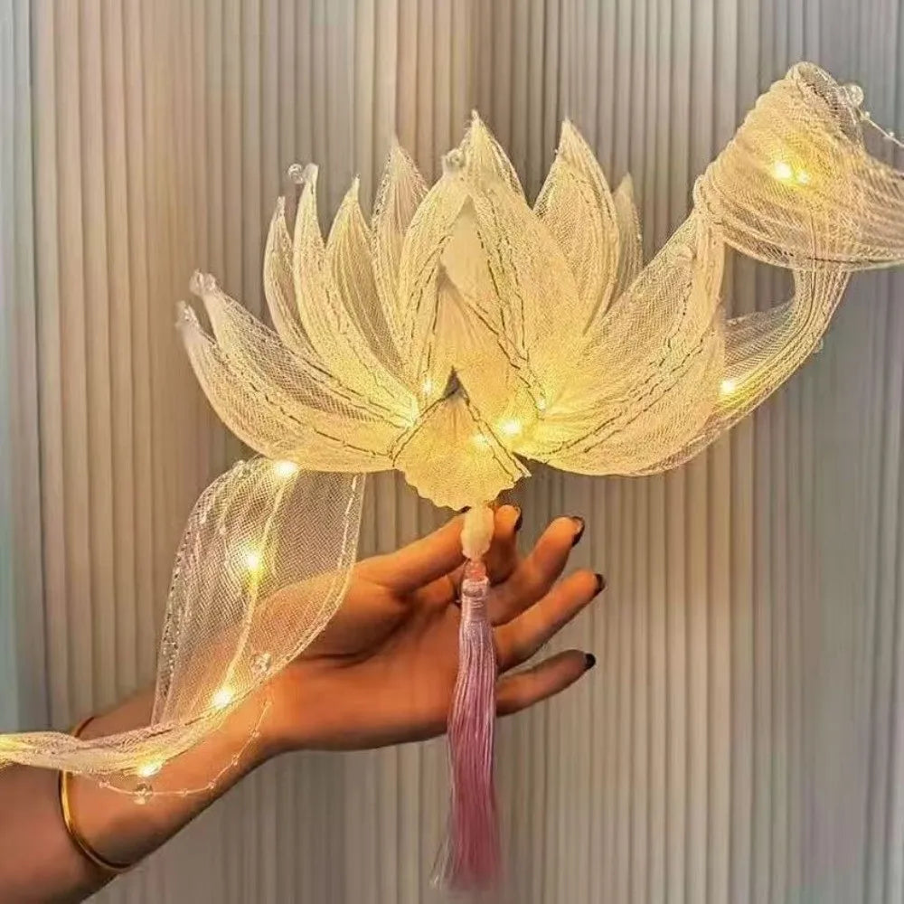 Ancient Style Handheld Lotus Lantern Handmade DIY Craft Kit Ribbon Fairy Lotus Lantern Colorful Luminous Vue