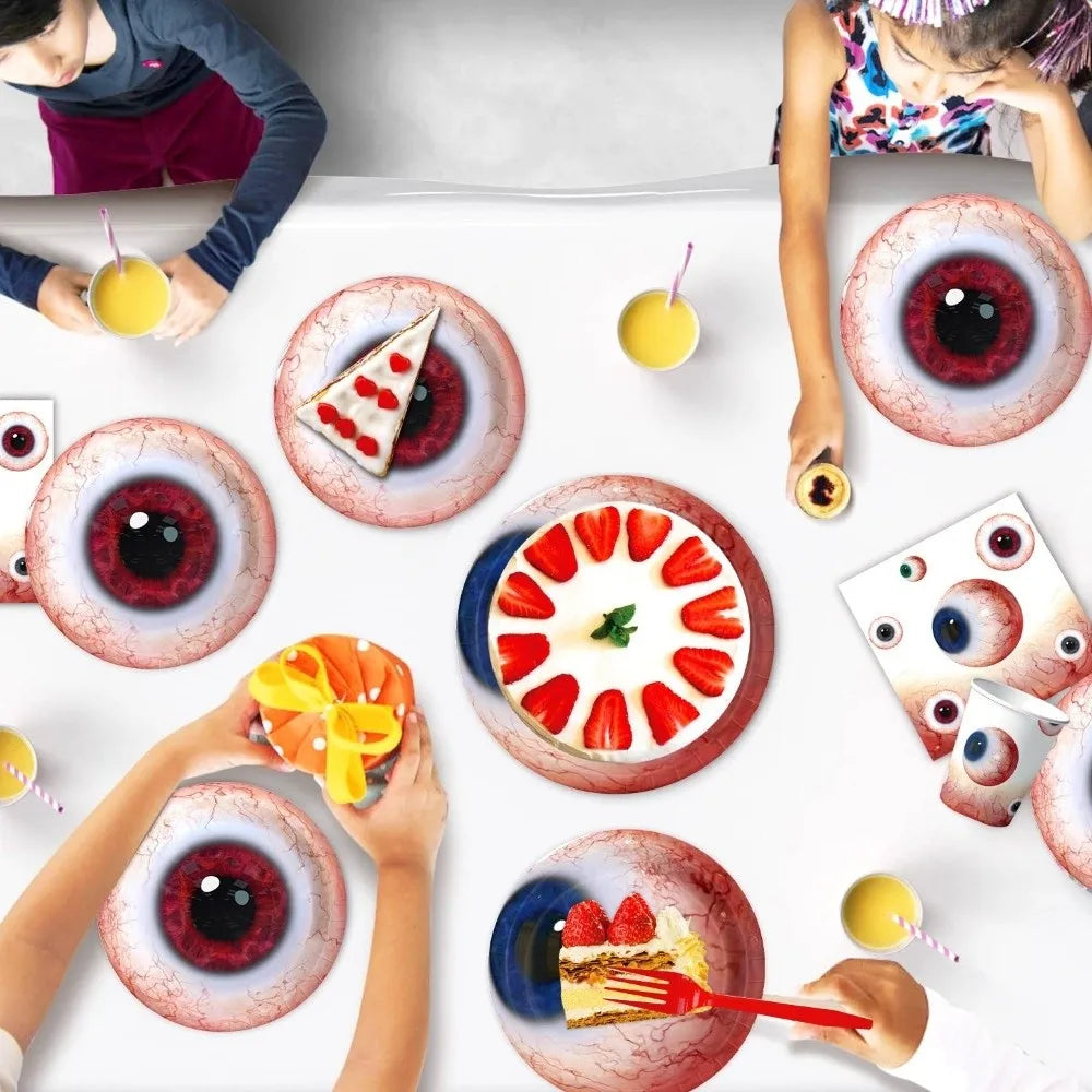 Plates Eyeballs Disposable Tableware Tablecloth Flag Banner Halloween Party Dinnerware Popcorn Box Cake Topper Vue