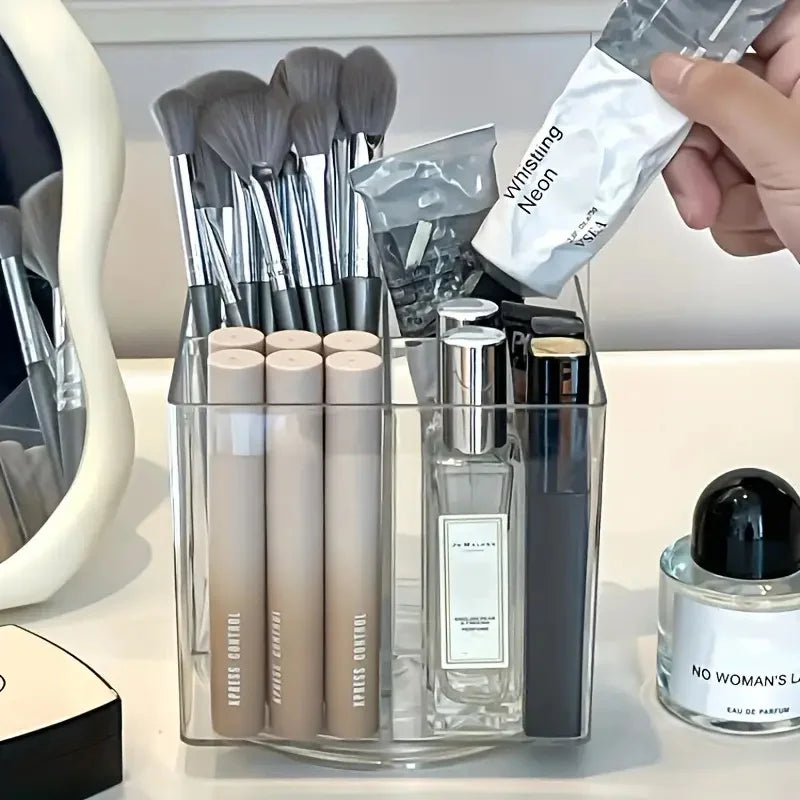 360° Rotating Makeup Brush Storage Box Portable Makeup Brush Organizer Case with Multiple Compartments Desk Comestic Tools Box Vue