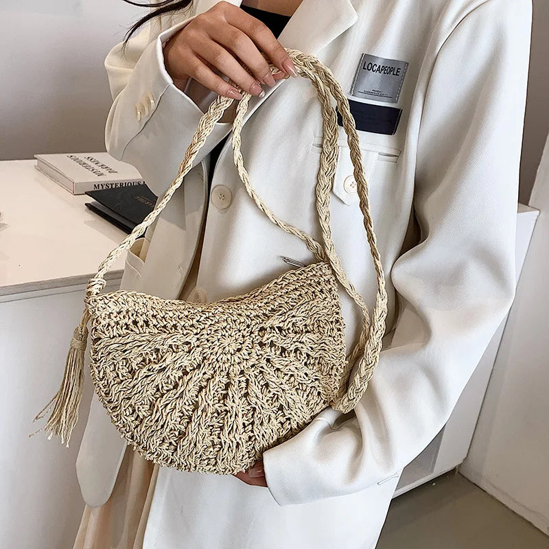 Fashion Semicircle Straw Woven Shoulder Crossbody Bag Travel Small