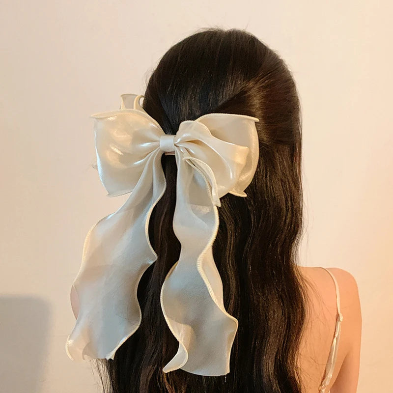 White Organza Bow Fluttering Ribbon Hair Clips Women French Fresh Premium Feeling Headdress Large Hair Cards Girl Hair Accessori Vue