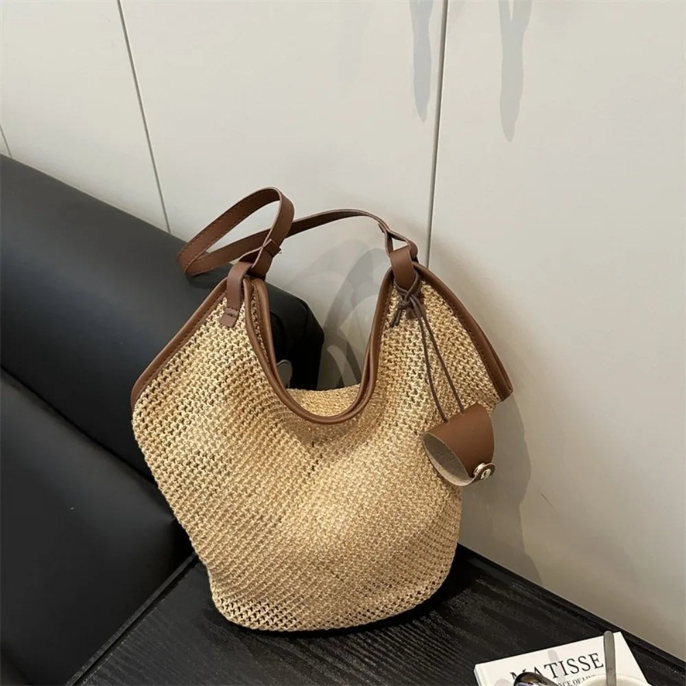 Summer Straw Woven Shoulder Bag Large Capacity Hollow Out Tote PU Vue Brown