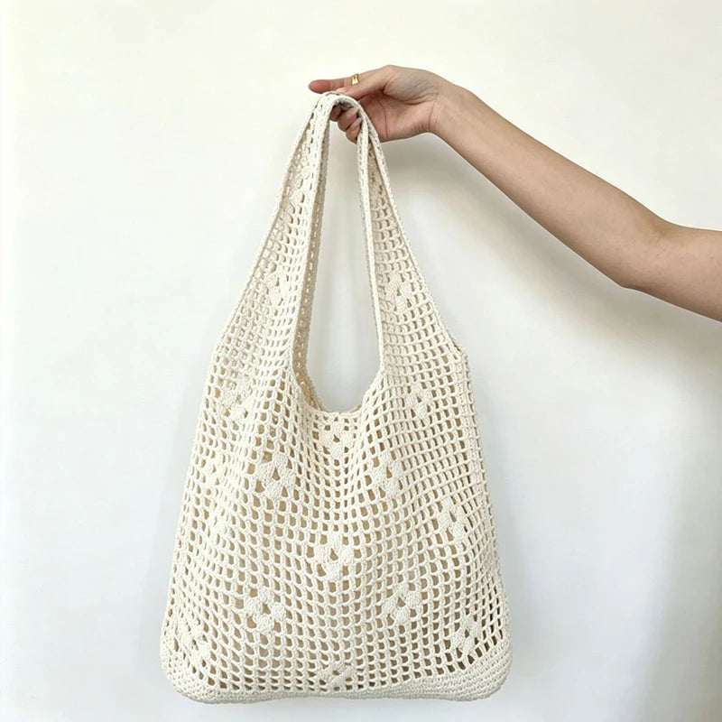 Hollow Out Knitted Weave Shoulder Bag Solid Braided Shopper Tote