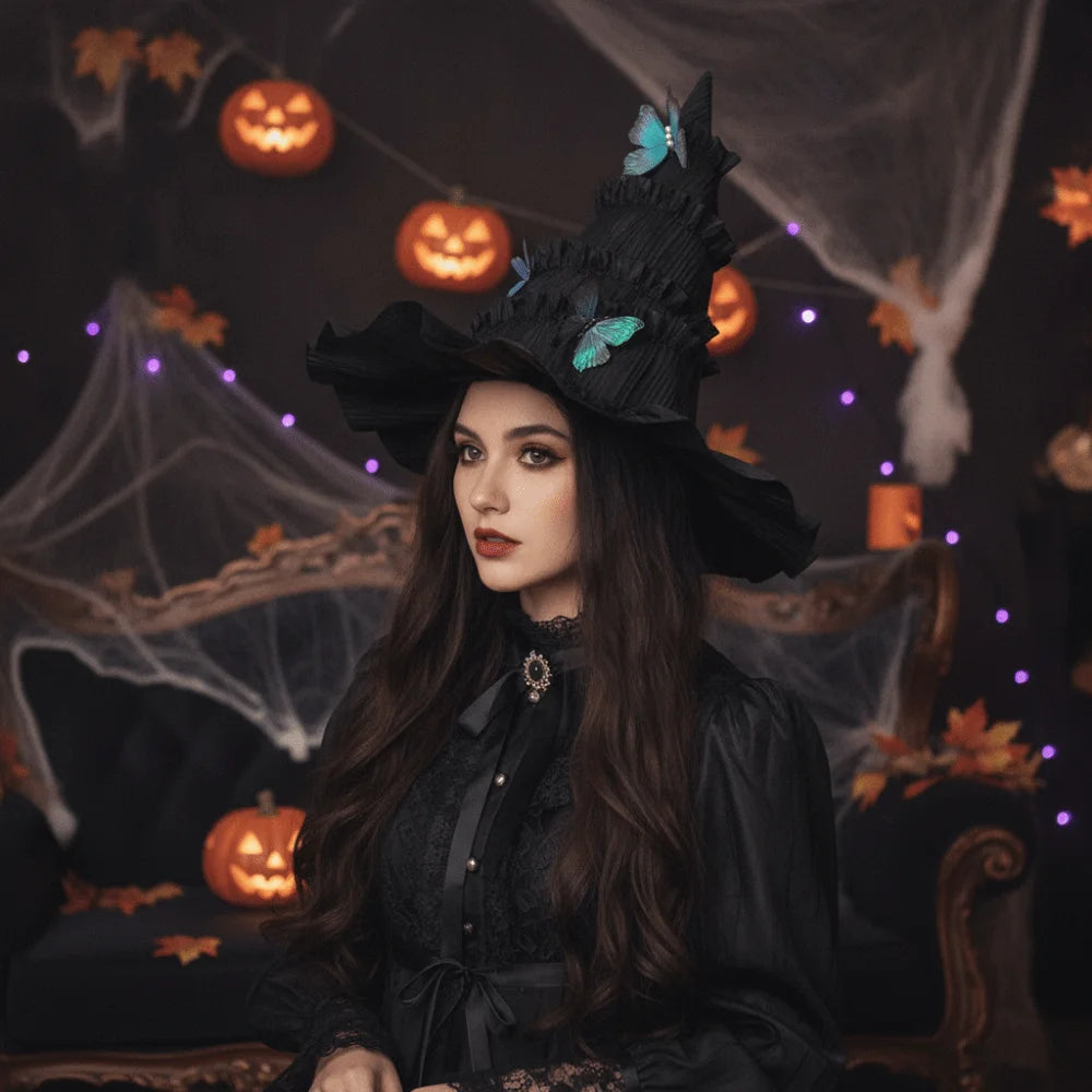 Gothic Halloween Hat Tall Pointed Cone Top Butterfly Hair Clips Women's Wizard Cap Removable Bendable Ruched Masquerade Cap Vue