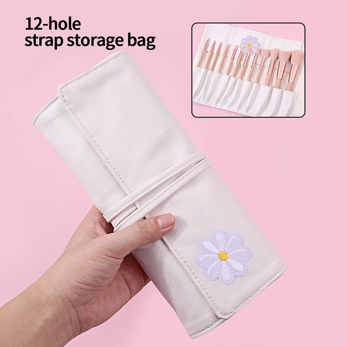 Fashion Makeup Bag for Women, Portable Cosmetic Organizer with Brush Holder & Pockets, Travel Lipstick Eyebrow Pencil Storage Vue