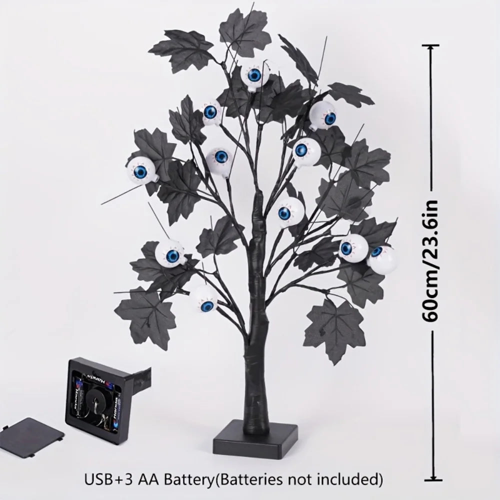 Halloween Eyeball Tree LED Light, Tabletop Tree with Black Leaves for Indoor Halloween Party, Home, and Haunted House Decoration Vue