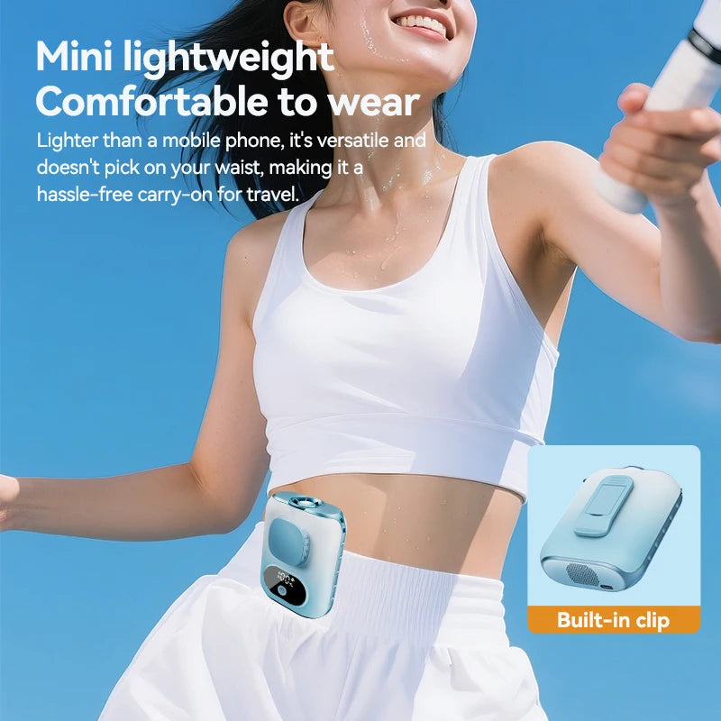3CM Thin Tiny Portable Waist Fan 6000mAh Clip On Personal Neck Fan LED 12H Working 5 Speeds 40000RPM Strong Airflow with Lanyard Vue