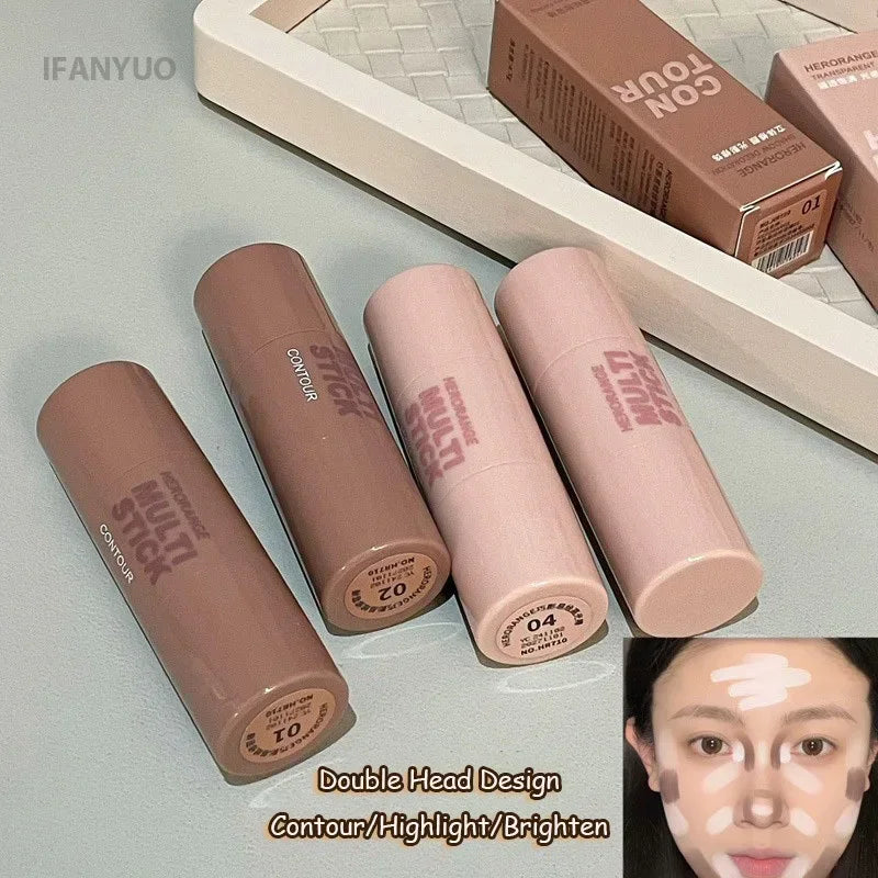 Double Head Contour Stick Bronzer with Brush Face Nose Shadow Cream Highlight Pen Waterproof Lasting Contouring Makeup Cosmetics Vue