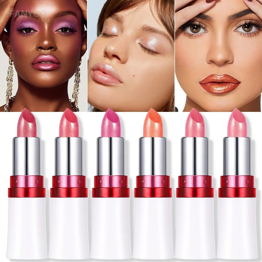 Rose Metallic Lipstick Glitter Lip Glaze Waterproof Long Lasting Moisturize Bright Red Pearlescent Shiny Lipgloss Makeup 12color Vue