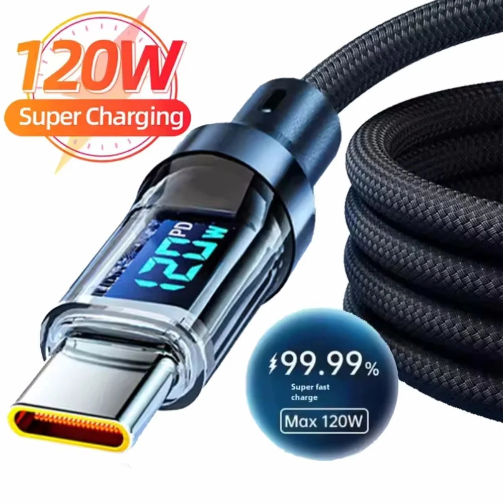 120W USB A to Type C Super Fast Charge Cable Nylon Data Cord for Xiaomi POCO Redmi Samsung With Led Digital Display Cable Vue