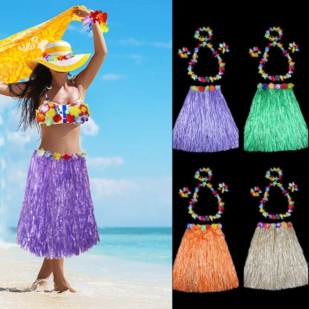 Ladies Women Hawaii Fancy Dress Grass Skirt Hula Hawaiian Full Vue