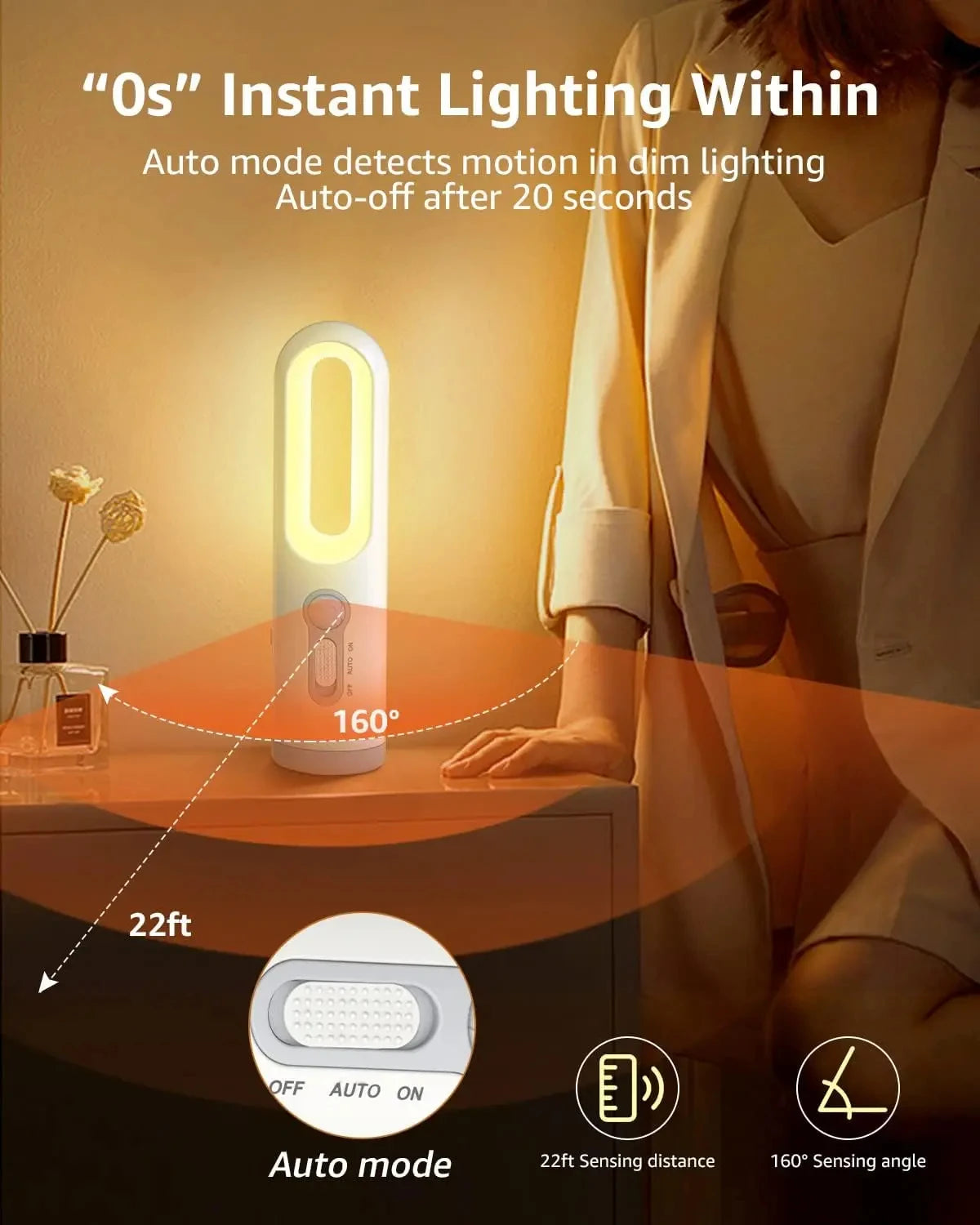 LED Motion Sensor Night Light 2 in 1 Portable Flashlight with Dusk to Dawn Sensor for Bedroom, Bathroom, Reading, Camping Vue