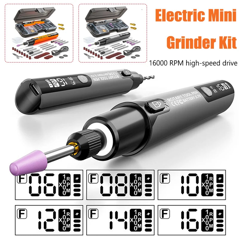 Mini USB Electric Grinder LED Display Electric Drill 6000-16000 RPM 6-speed Adjustable for Engraving Carving Milling Polishing Vue