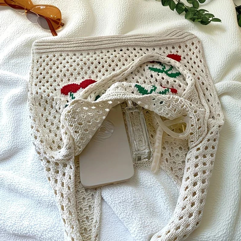 Women Stylish Turtle Cherry Pattern Crochet Tote Bag Large Capacity