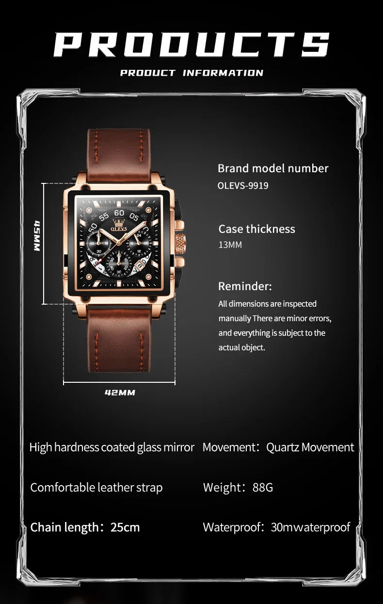 OLEVS 9919 Square Quartz Watch – Leather, Luminous, Waterproof Quartz Wristwatch Vue