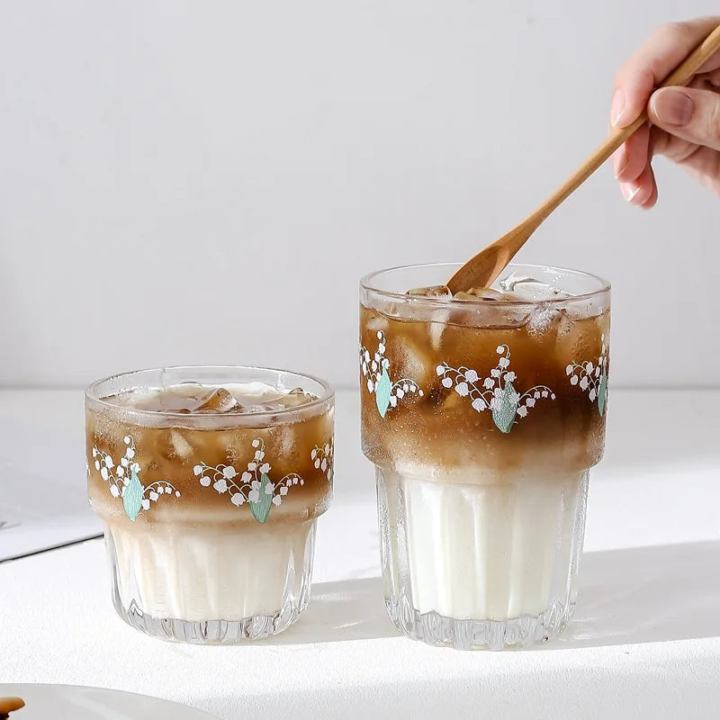 Korean Flower Glass Mug Gold Letter Printing Breakfast Milk Coffee Cup Crystal Transparent Heat-resistant Cup Home Drinkware Vue