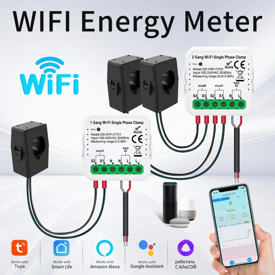 Tuya Smart Wifi Energy Meter Current Sensor Statistician for Solar PV System Home Power Monitor 110-240V 80A Single Phase Clamp Vue