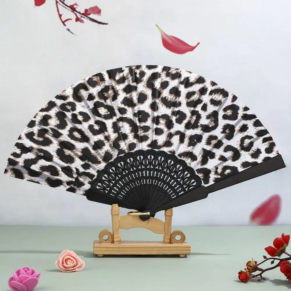 Fashion PP Folding Fan Leopard Print Black Pole Hand Fold Handheld