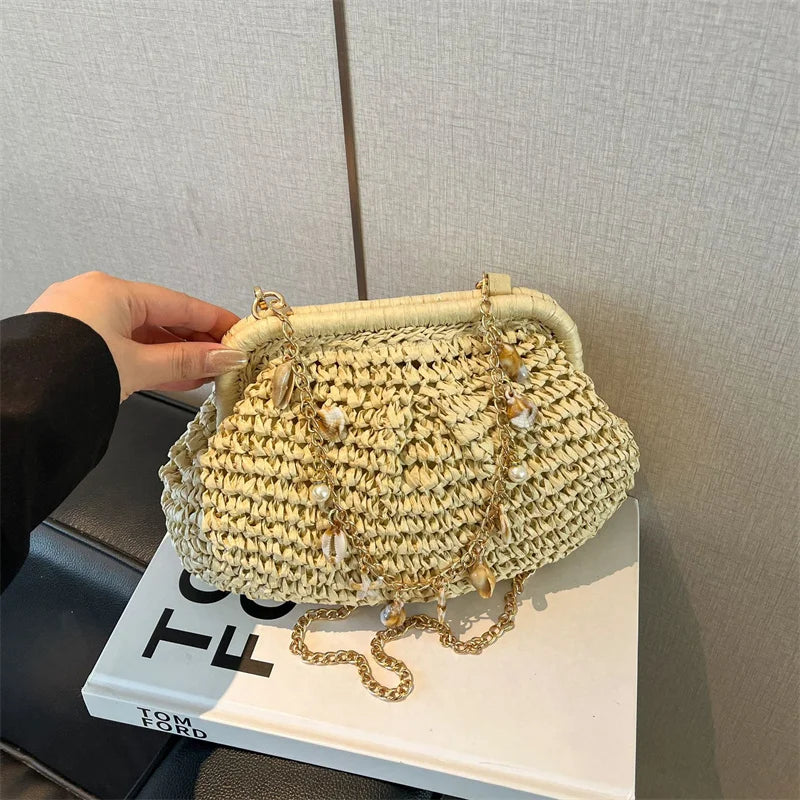 Summer Straw Weaving Crossbody Bag Fashionable Shell Women's Chain