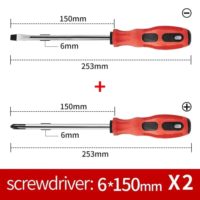 2PCS Magnetic Screwdriver Multifunctional Flat Head Cross Screwdriver Household Basic Anti Slip Manual Screw Drive Tool Vue 2 screwdrivers 6x150