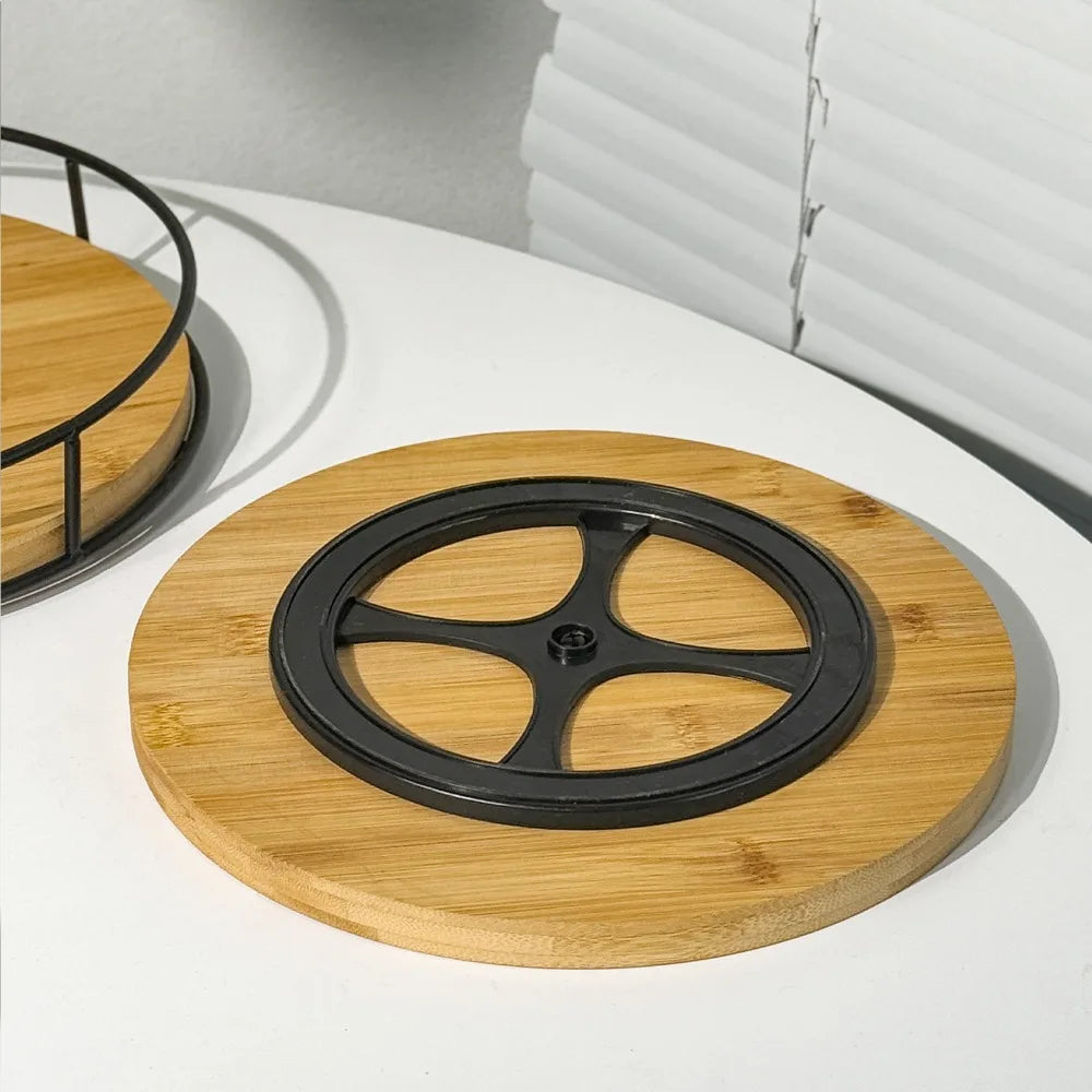 Round Wooden Kitchen Rotating Spice Rack with Metal Frame Non-Slip Base 360-degree Rotation Spice Tray Large Capacity Vue