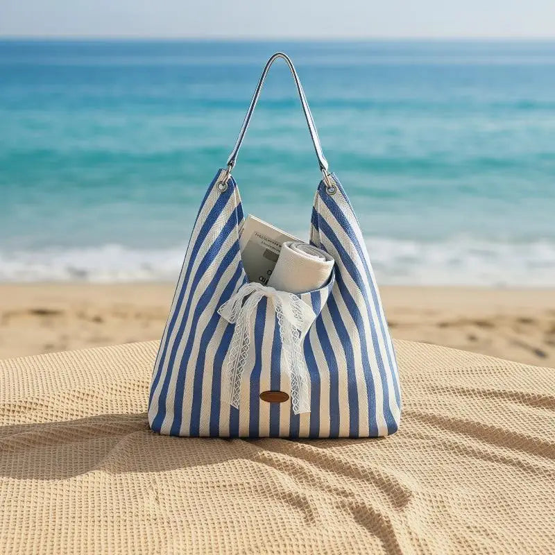 Stripe Hobo Bag Women Lace Bow Decor Canvas Tote Reversible Shoulder