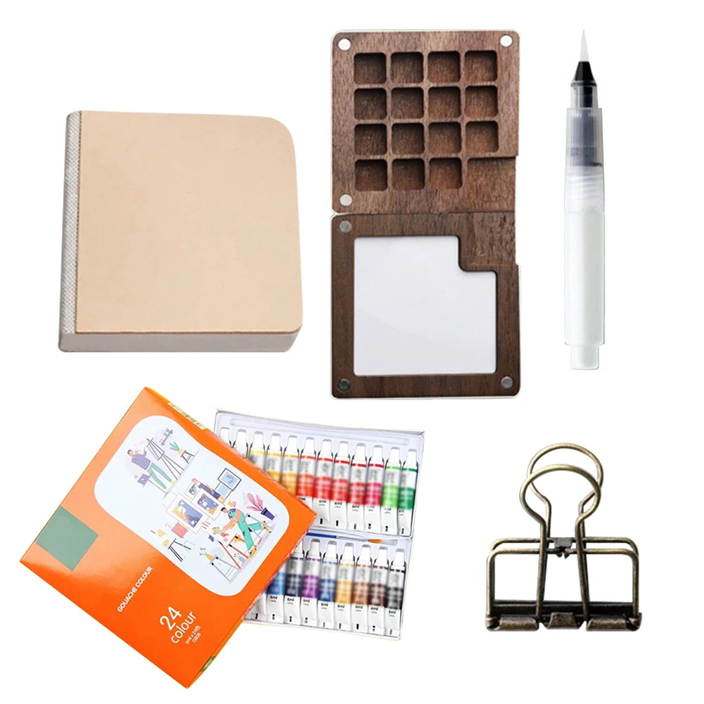 Travel Paint Palette Mini Watercolor Palette Set with Clip Portable Watercolor Set Wooden Grid Paint Box Gift for Kids Vue 15 Grids 24 Colors