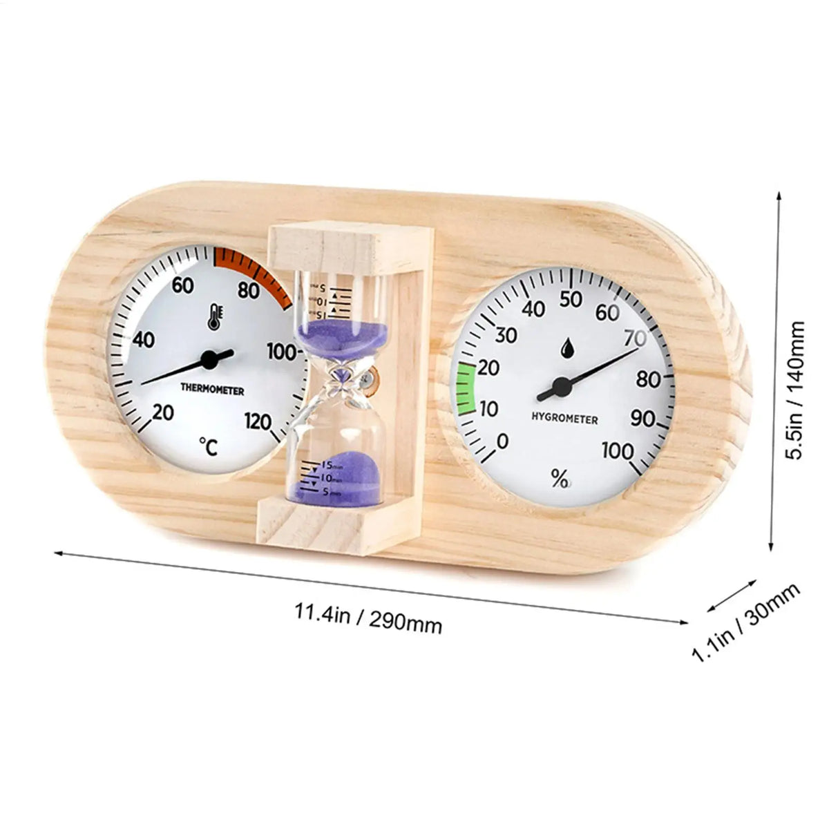Wooden Frame Sauna Temperature & Moisture Gauge Wall Mount Hygrometer Thermometer with 15-Minute Sand Timer for Home, Sauna Vue