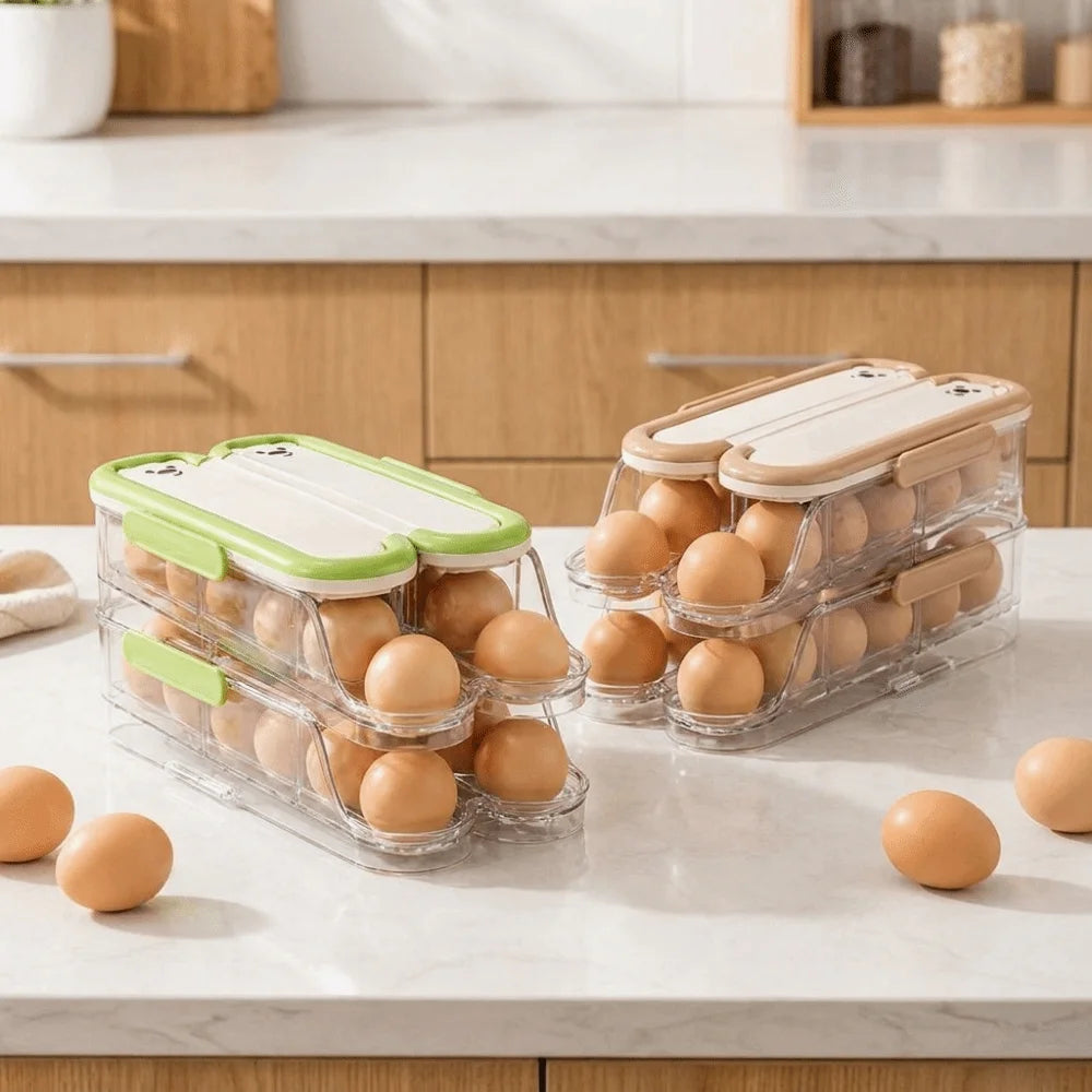 Food Grade Automatic Rolling Egg Container Transparent Large Capacity Large Egg Holder Stackable with Lid Refrigerator Egg Rack Vue